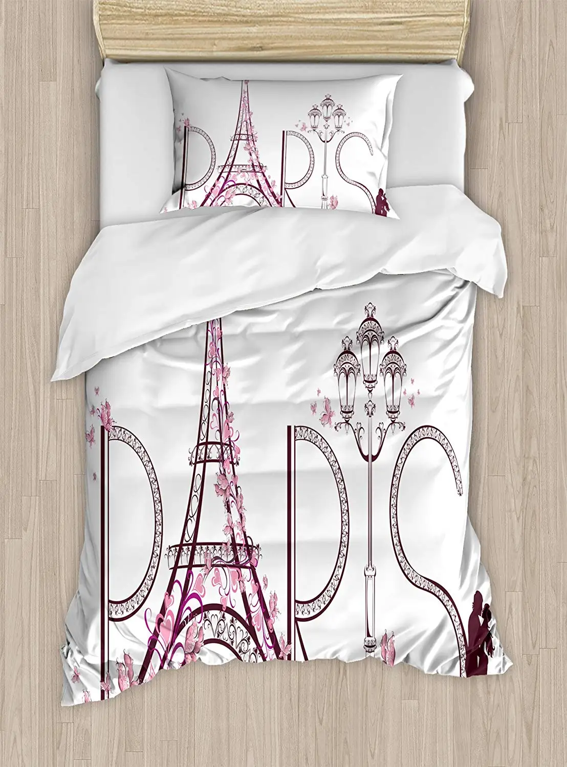 Paris Duvet Cover Set Twin Size Tower Eiffel with Paris Lettering Couple Trip Flowers Floral Artful Design Print Decorative