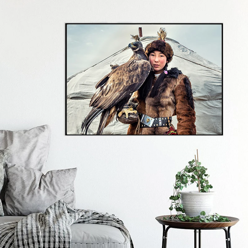 Eagles Hunter Poster Eagle Huntress Mongolia Travel Photography Prints Golden Eagle Girl Portrait Canvas Painting Wall Pictures