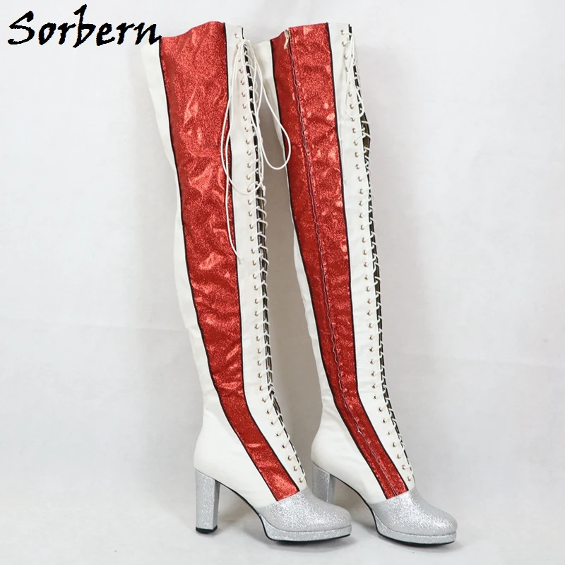 

Sorbern Glitter Thigh High Boots For Drag Queens Block Heel Round Toe Winter Plush Inner Custom Women Over The Knee Boot