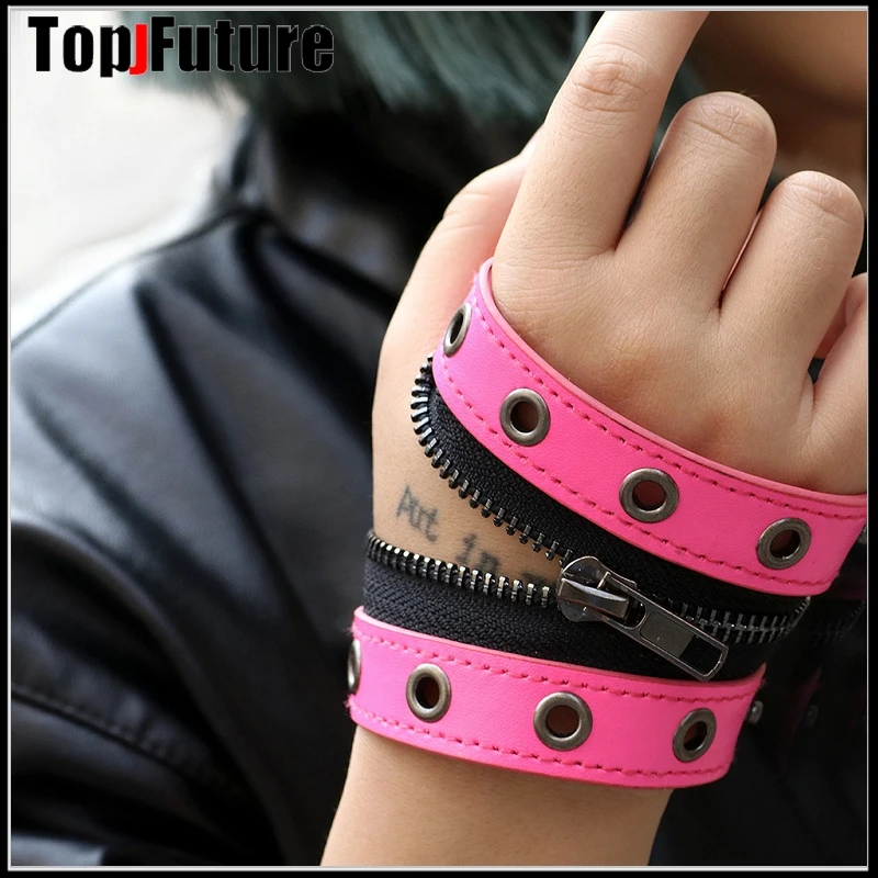 Gothic Lolita Cosplay Harajuku women men zipper girl leather punk hip hop skeleton buckle bracelet strap Halloween Cosplay props