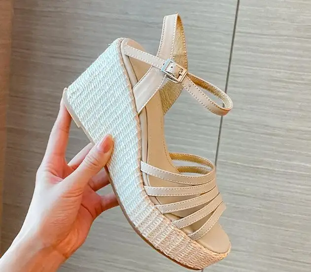 

Summer Girls Orange Beige Soft Leather Rome Wedge Sandals Female Open Toe 9 CM Heels Platform Cuts Out Sandals Size 34 39