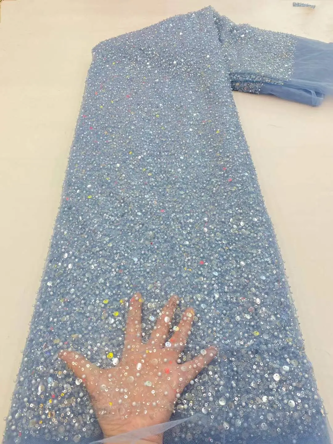 

Latest african L-2686813 lace fabric high quality sequins lace Nigerian Tulle Lace for evening party