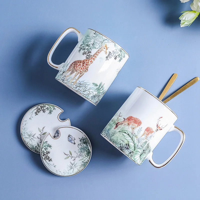 Animal Ceramic Gold Hand Jungle Nordic Afternoon Teacup Coffee Cup 380ML Mug and Spoon Set with Lid  Cute Coffee Mugs and Cups