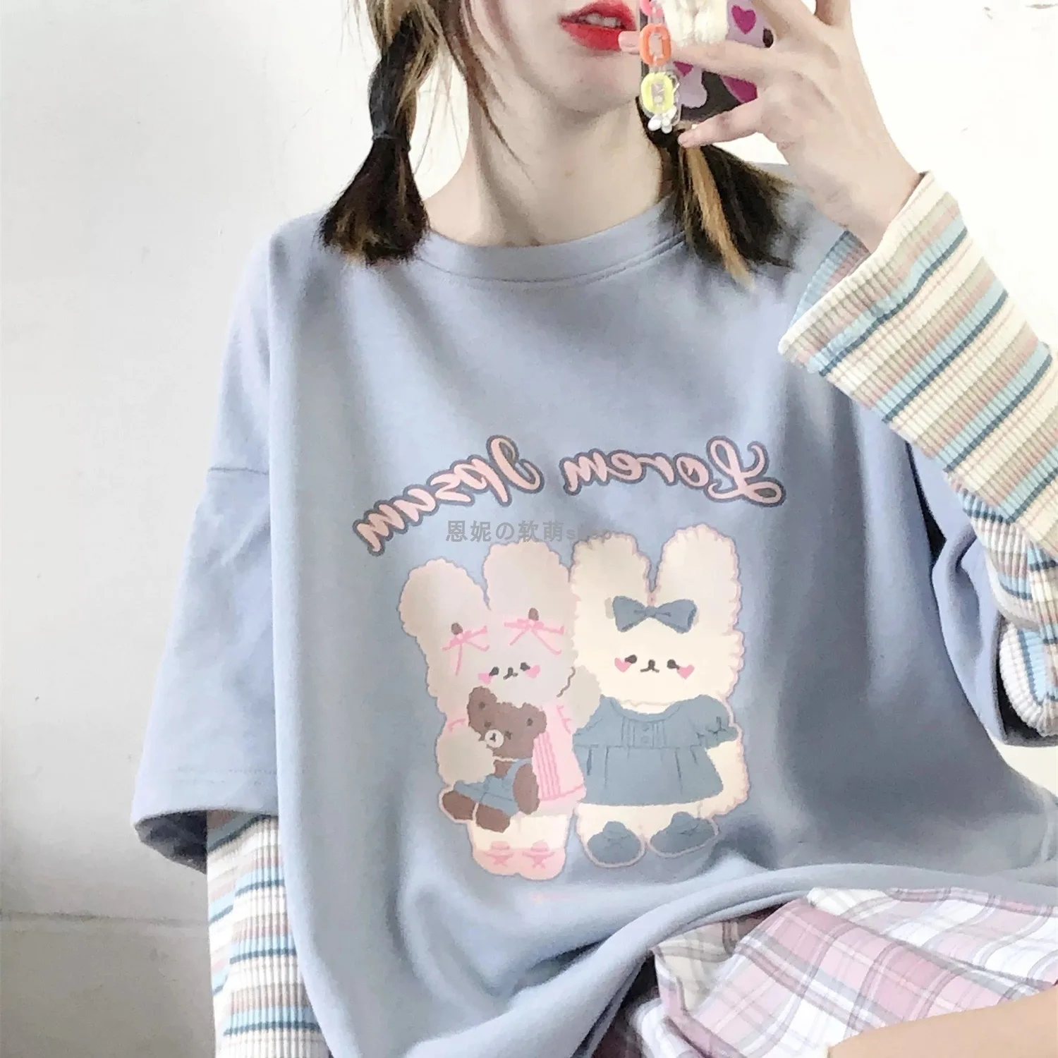 Rabbit Print Long Sleeve T Shirt Women 2024 Autumn Korean Sweet Cute Sweatshirts Girls Teens Top Tshirts Harajuku Female Shirt