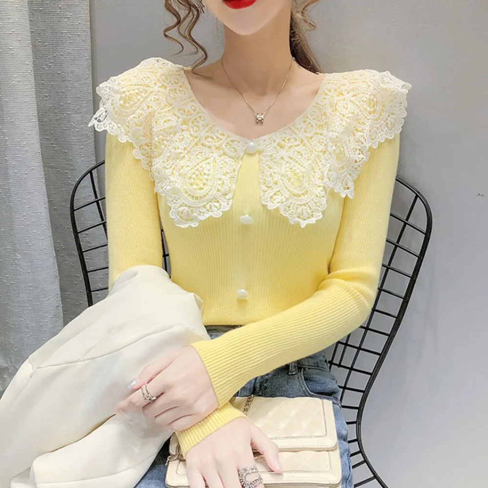 Sweet Autumn Spring Style Women Knitted Pullover Tops Lady Casual Long Sleeve Peter Pan Collar Sweater Pullover