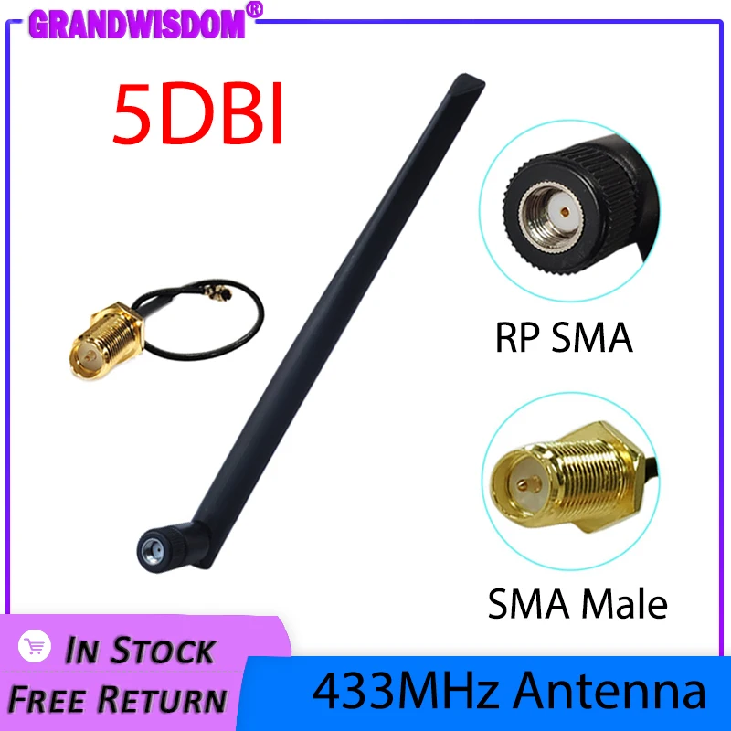 Antena 433MHz 5dBi z wzmocnieniem, złącze SMA żeńskie, antena Lora LoraWAN, kabel przedłużający PX1 do męskiego złącza, do bramki Meshtastic, antena zewnętrzna.