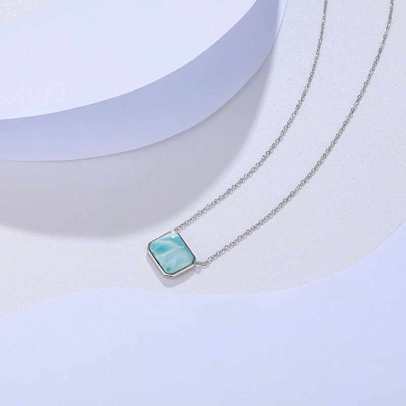 925 Sterling Silver biżuteria prezenty klasyczny wisiorek naszyjnik naturalny szlachetny Larimar Retro kobieta zakontraktowane styl prostokąt