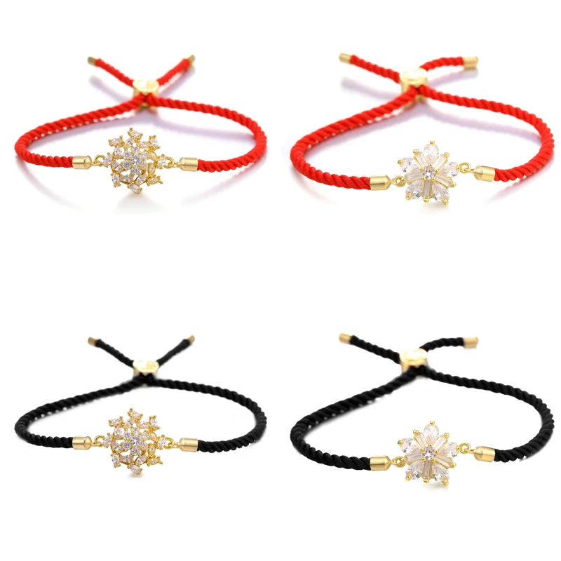 Juya Handmade Red Thread Bracelet Supplies Cubic Zirconia Flower Charm Bracelet For Women Fashion Adjustable String Bracelet