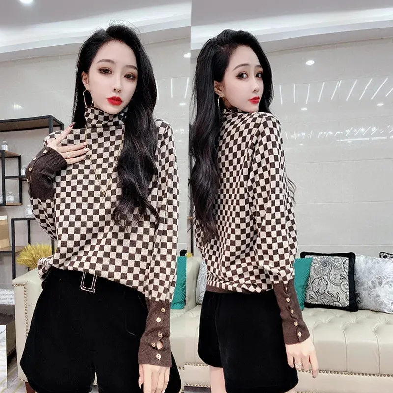 European Station 2023 New Hong Kong Flavor Retro Age-Reducing Checkerboard Female Autumn And Winter High-Neck Bottoming Sweater