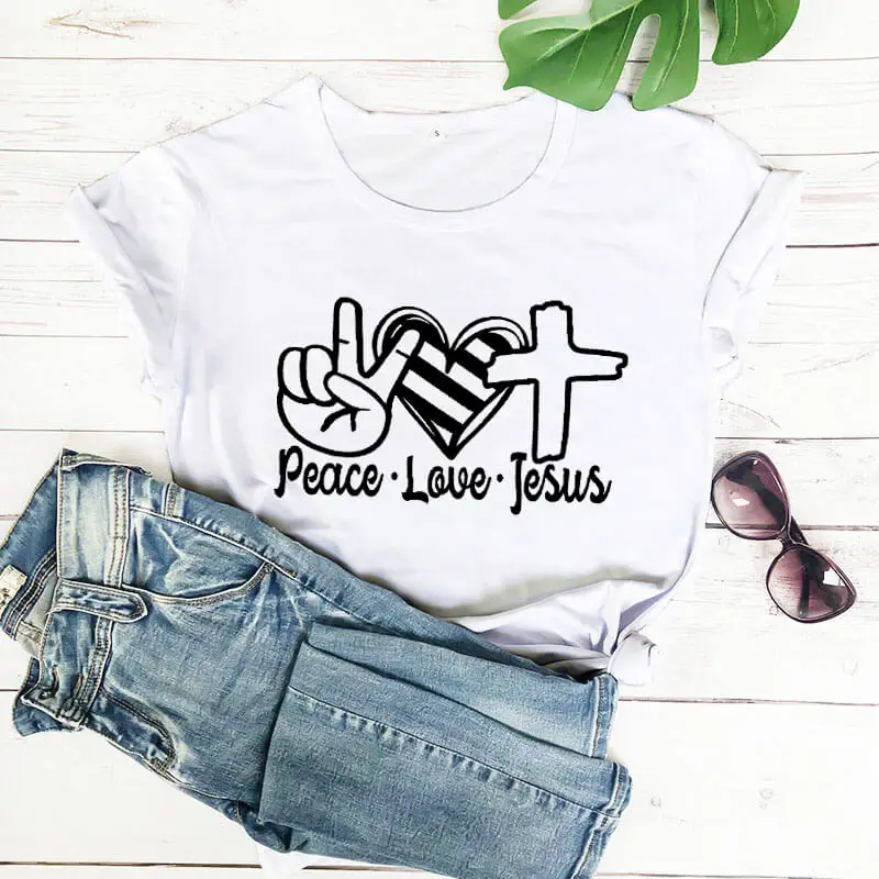 

Peace Love Jesus cross T Shirt New Arrival 100%Cotton Summer Funny T Shirt Christian Shirt Peace Love quote Shirts