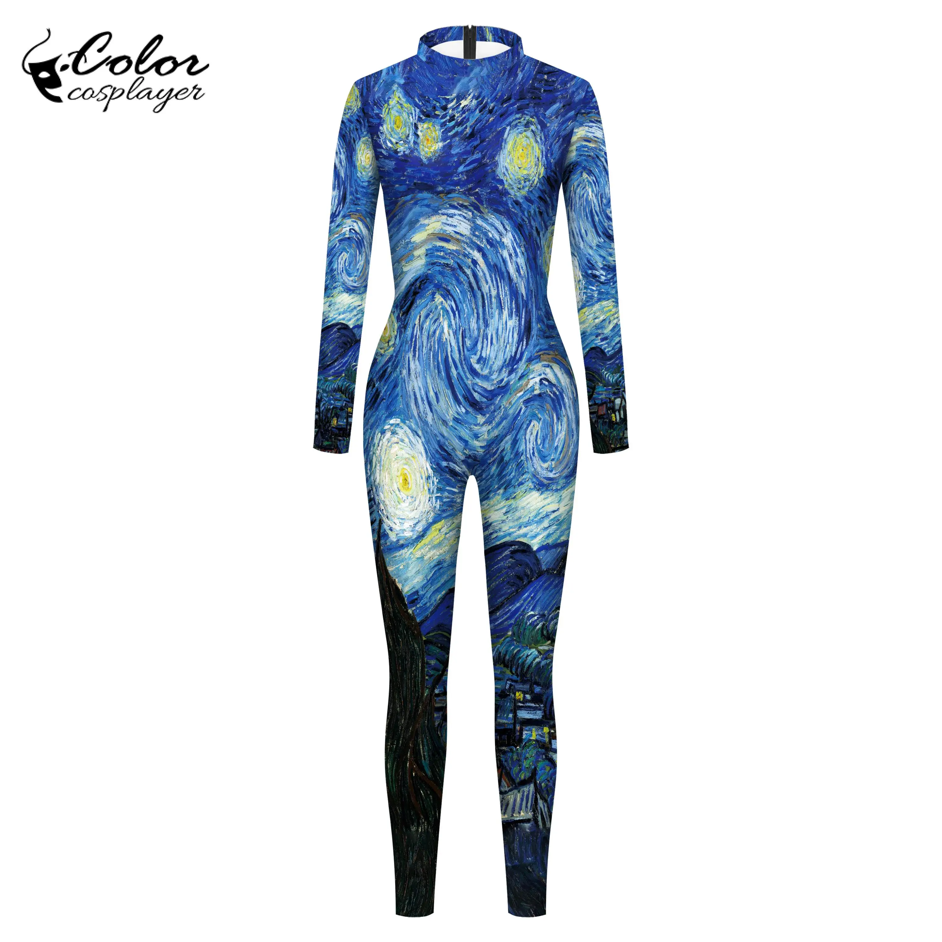 Kleur Cosplayer Vrouwen Jumpsuit Van Gogh Sterrenhemel Wereld Schilderij Bedrukt Cosplay Kostuum Catsuit Vrouwen Rits Zentai Bodysuit