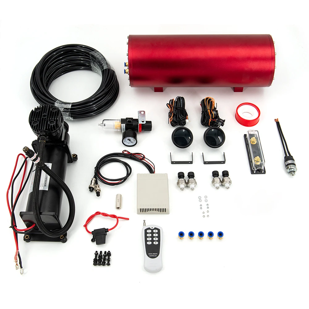 Integrated Air Ride Suspension System Kit with Air Tank ,Air Compressor,Dual Air Pressure Gauge,Remote Controller