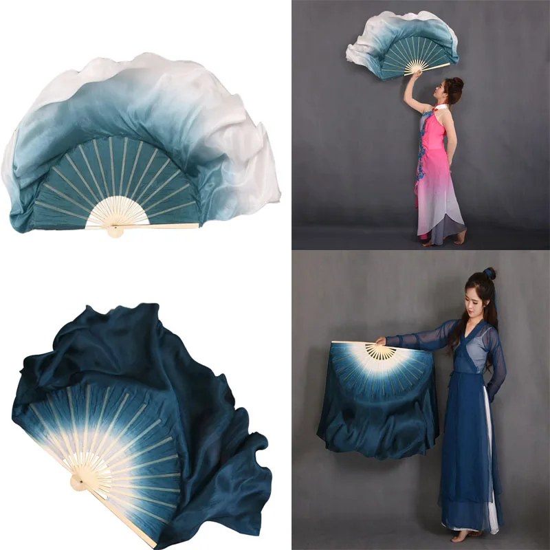 Ink Blue-White Gradient Real Silk Fan Veils Double-sided Chinese classical folk Dancing Fans 1pair Stage Show Props Fan