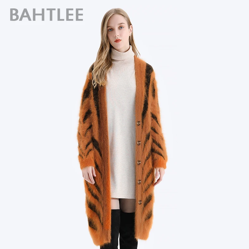BAHTLEE-Women\'s Long Cardigans, Angora,Tiger Stripe, Leopard Pattern, Wool Knitted Coat, Open Stitch Jumper, Winter
