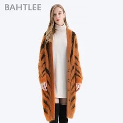 BAHTLEE-Women's Long Cardigans, Angora，Tiger Stripe, Leopard Pattern, Wool Knitted Coat, Open Stitch Jumper, Winter