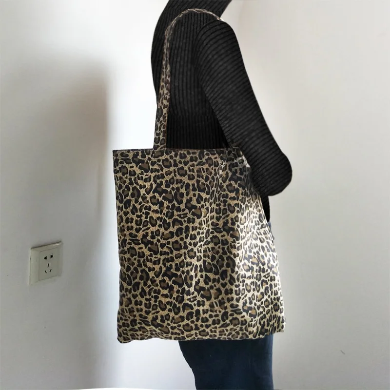 Shopping Bags Women Canvas Leopard Fashion Ins All-match Students Ulzzang Trendy Vintage Shoppers Chic Simple Chic Retro Totebag