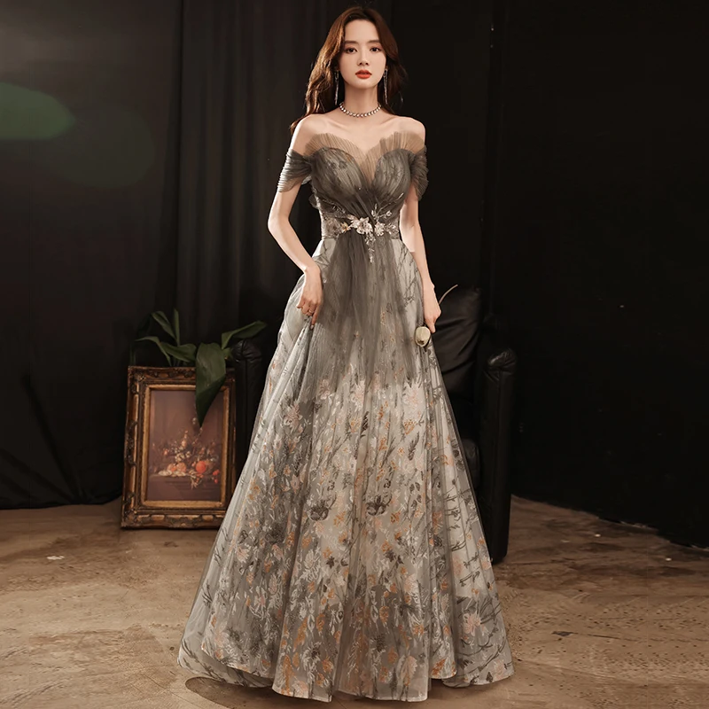 Evening Dress Boat Neck Elegant Appliques Sequins Short Sleeves Ruched Floor-Length New Lace Up Woman Formal Party Gowns A794