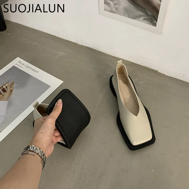 SUOJIALUN 2022 Spring New Flat Shoes Square Toe Square Toe Shallow Mouth Slip on Loafers Ladies Casual Shoes Zapatos Mujer