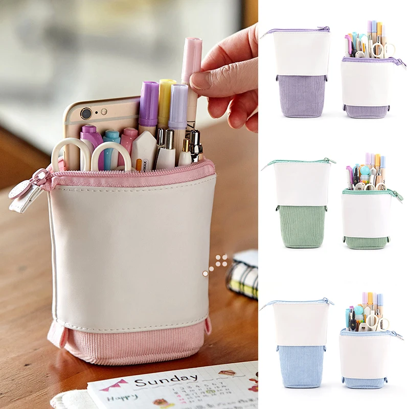 Pop-up Pencil Case Telescopic Holder Stationery Case Pu Corduroy Stand-up Transformer Bag Large Capacity Estuches Escolares