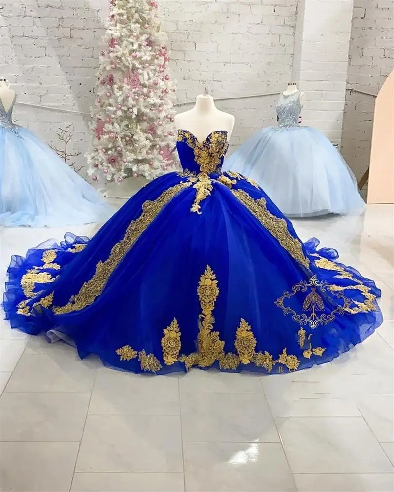 Royal Blue Gold ลูกไม้ Vestidos De Novia Quinceanera Sweetheart Lace-Up ยาวรถไฟ Gowns ผู้หญิง Plus ขนาดพรหมชุด