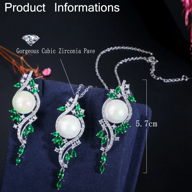 CWWZircons Elegant Design Green Cubic Zirconia Crystal Long Pearl Drop Earring Necklace Vintage Jewelry Set for Women T379