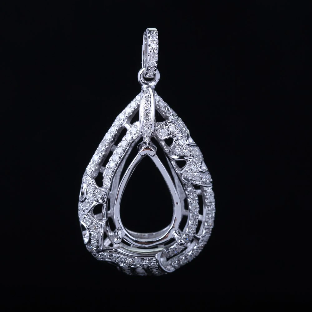 HELON Solid 14k White Gold 0.4ct Natural Diamond Semi Mount Women Pendant Diamond Fine Jewelry Charm Pendant Fit Pear Cut 9x13mm