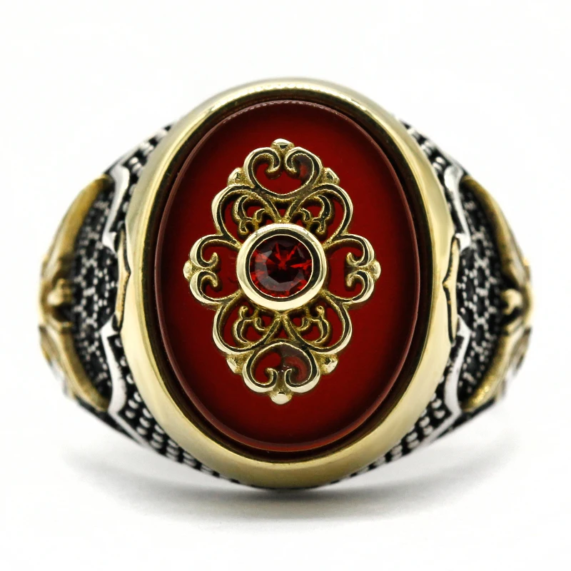 New authentic sterling silver antique Turkish red agate ring with spinel men\'s colorful punk style