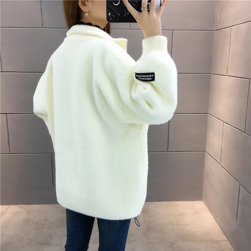 Winter Thick Faux Mink Cashmere Turtleneck Knitted Sweater Women Cardigan Loose High Collar Long Sleeve Knit Jacket Coat Female