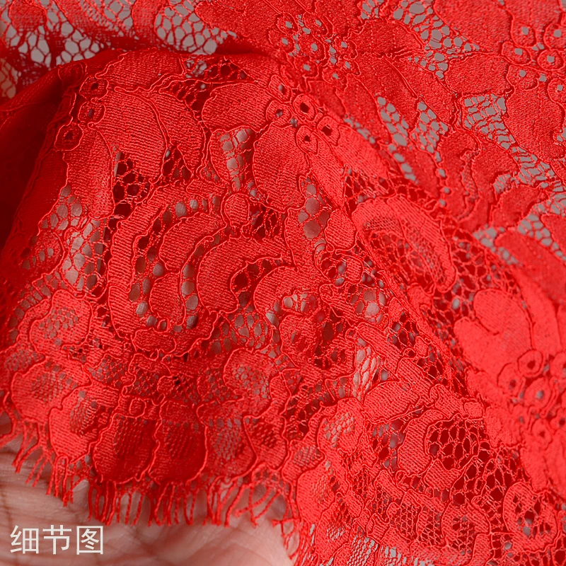 Red High quality three-dimensional heavy weight lace fabric embroidered hollow eyelash edge lace fabric