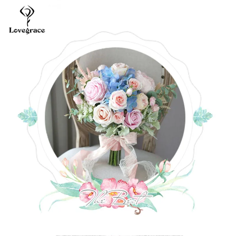 Lovegrace Bride Wedding Bouquet Artificial Silk Rose Flower Bridesmaid Holding Bouquets Pink Blue Wedding Supplies Table Decor