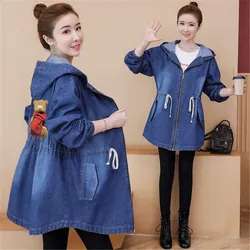 2024 Spring Autumn New Zipper Denim Hooded Windbreaker Coat Slim Women's Casual Loose Vintage Jeans Jacket Female Long Outwear