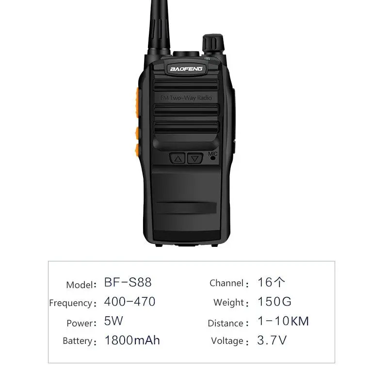 Baofeng BF-S88 워키토키 핸드헬드 인터콤, 장거리 양방향 라디오, 듀얼 밴드 UHF VHF 햄 통신 송수신기, 1800mAh, 5W