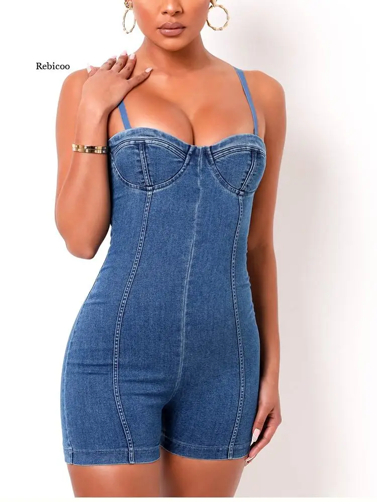 Denim Romper szorty Bodycon klocki fiszbiny odpinany pasek bez rękawów dżinsy Playsuit kobiety lato Party strój codzienny