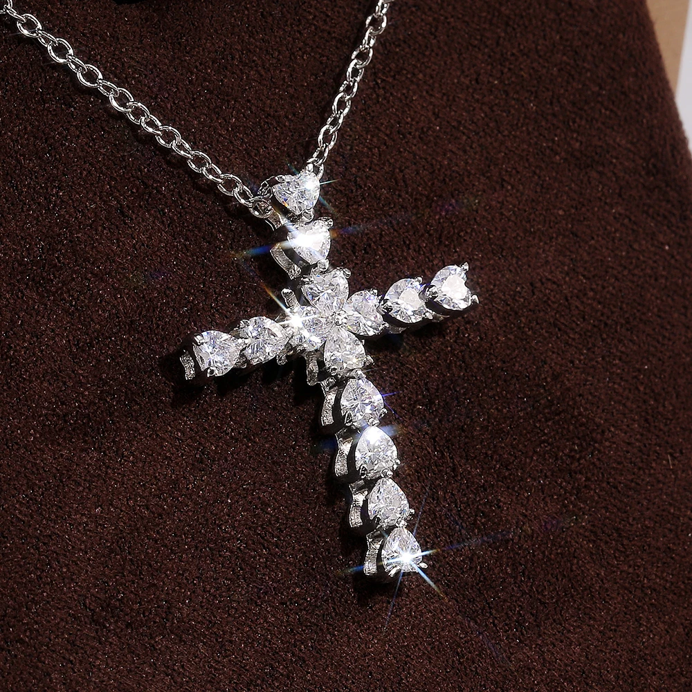 Huitan Delicate Crystal Heart Cross Pendant Necklaces for Women Shiny CZ Nice Anniversary Gift Fashion Versatile Female Necklace