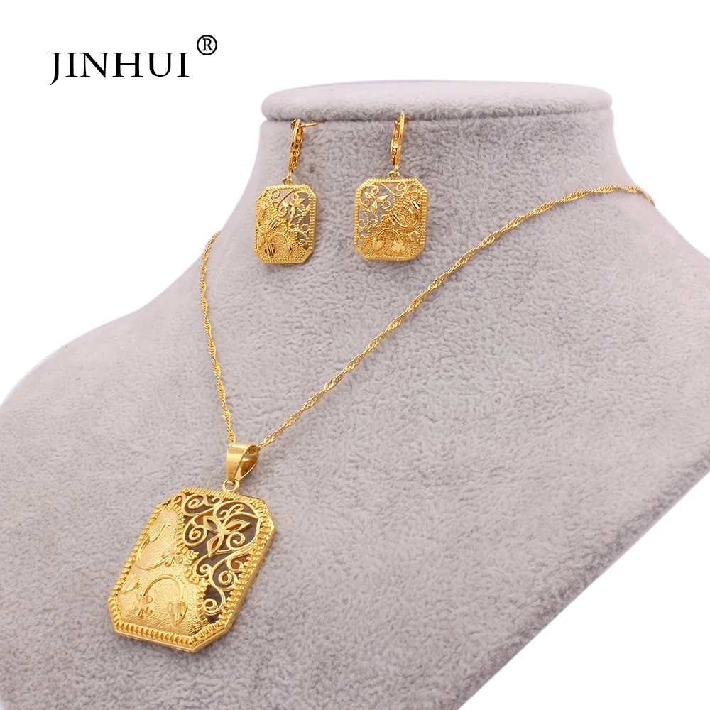 Jewelry sets gold color for women African indian wedding gifts bridal party necklace earrings square pendant jewellery set