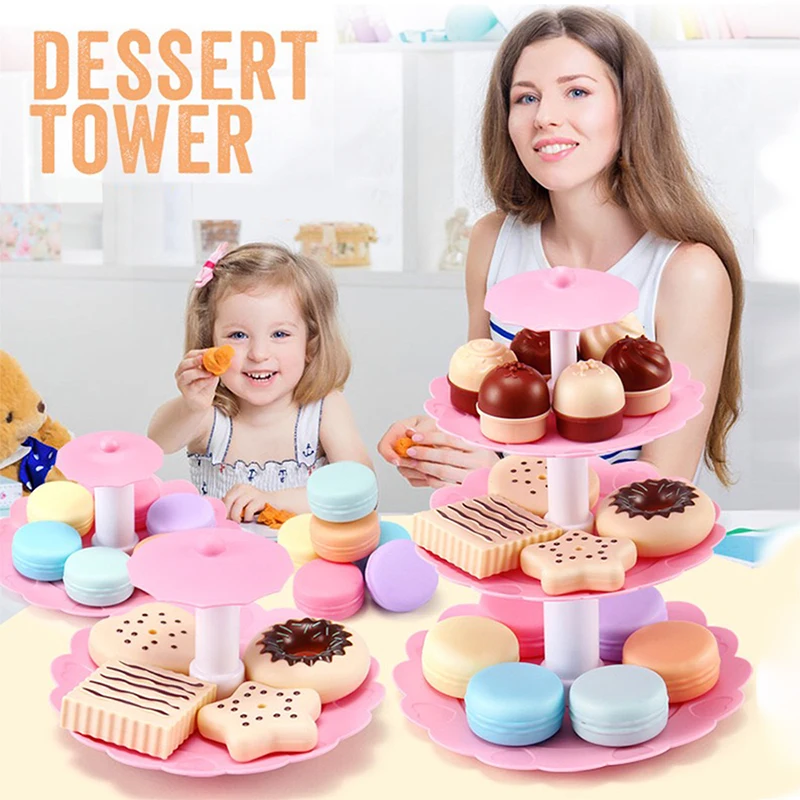 Kids Kitchen Afternoon Tea Toy Set for Girls Dessert Tower Miniature Fake Food Dinette Child Toy Kitchen Play Mini Cake Biscuits