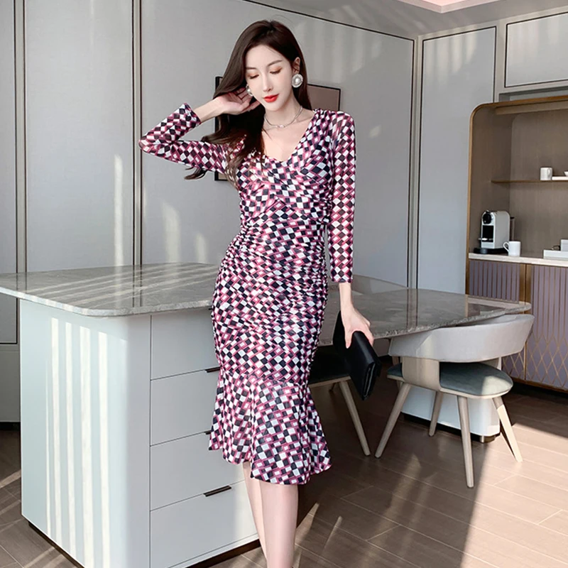 Fashion Korean Women OL Vintage V-Neck Long Sleeve Mermaid Midi Party Dress Elegant Coffee Break Robe Plaid Bodycon Female Dress