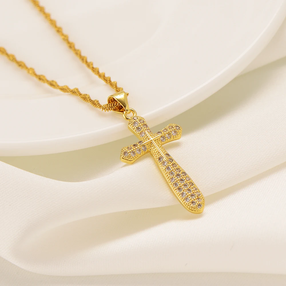 Fashion Zircon Jewelry Accessories Gold Color Exquisite Cross Pendant Necklace High Quality African Arab Jewelry Gifts