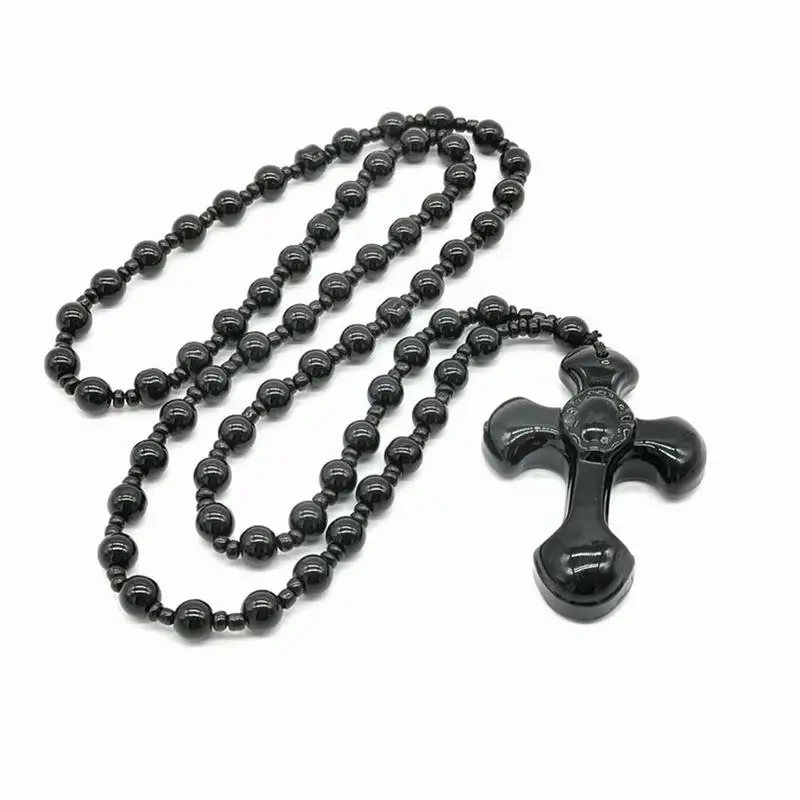 Natural Black Obsidian Carved Cross Lucky pendant free beads necklace for woman man Hand carved Pendants Jewelry