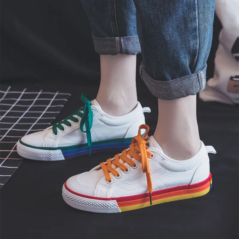 Canvas Shoes Women Vulcanize Shoes New Style rainbow Sneakers Ladies Flats Casual Breathable Walking travel Little white shoes