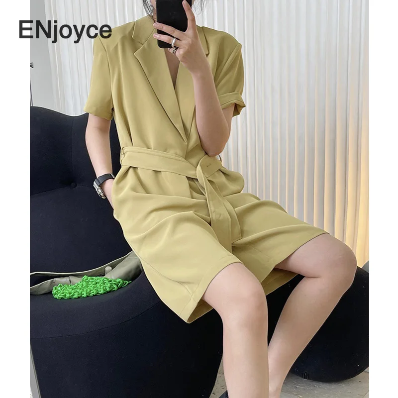 Summer Women Vintage Black Suit Jumpsuit Korean Style Ladies Loose High Waist Rompers Shorts Overalls Wide Leg Playsuits