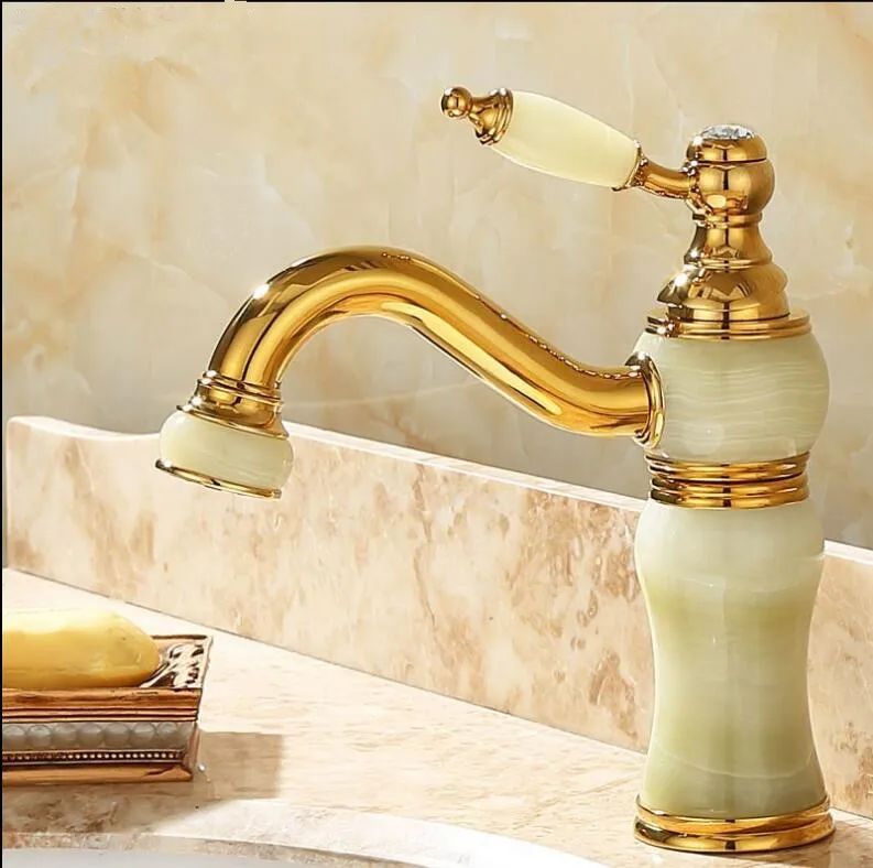 

Vidric Basin Faucet Gold Crane Brass Jade Body 360 Degree Swivel Bathroom Basin Faucet Deck Mount Counter top Water Mixer Tap