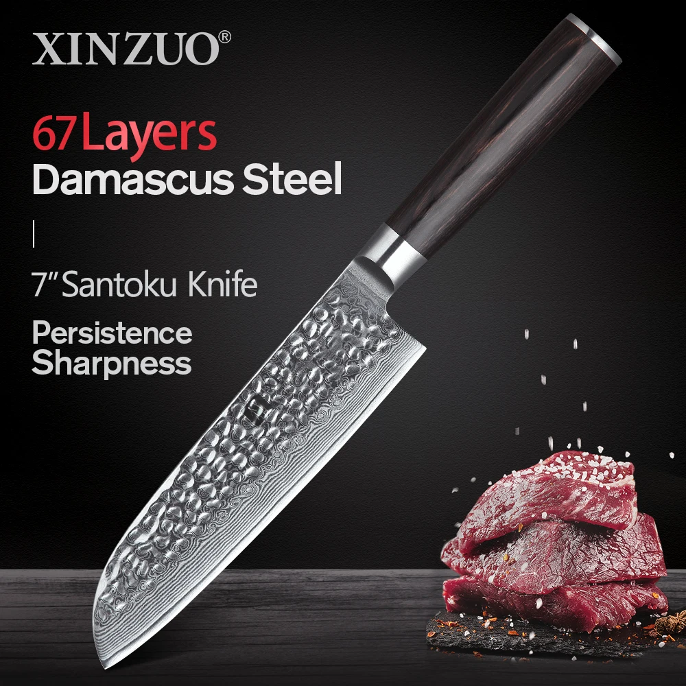 

XINZUO 7" Inch Santoku Knife VG10 Damascus Japanese Steel Kitchen Knives Lasting Sharp Blade Chef Cook Knives Pakkawood Handle