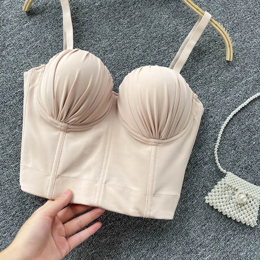 Girls Elegance Stretch Cropped Tank Tops  2022 Spring Summer New Product Female Solid Color Knit Pleated Bras Camisole