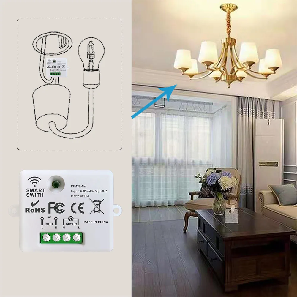 Mini interruptor de luz inteligente inalámbrico con Control remoto, 200M de distancia, 433 Mhz, receptor de relé RF, interruptor Ac220V para ventilador de lámpara Led para el hogar