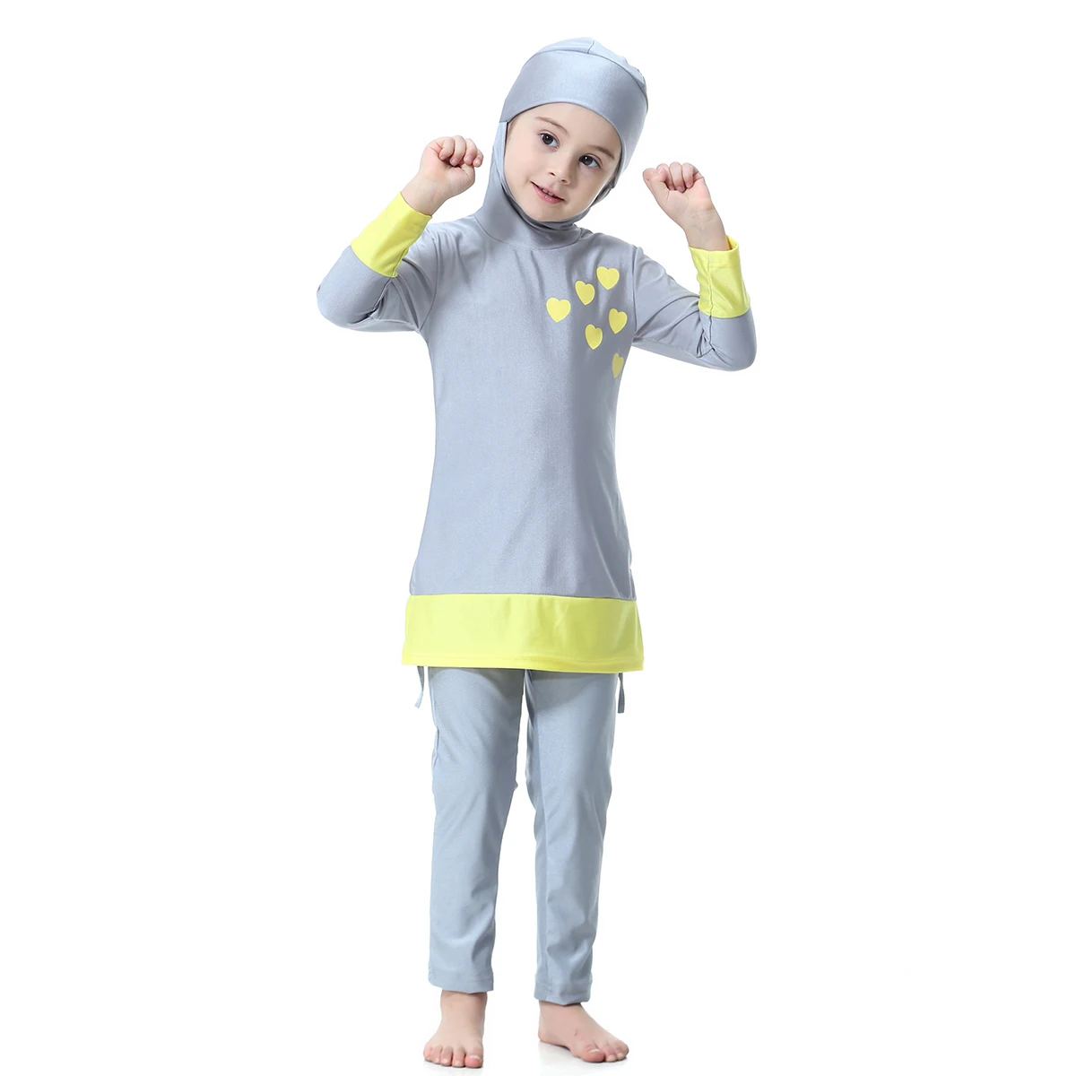 Color Match Overall Muslim Kid Swimsuit Burkini Islamic Girl Full Cover Swimwear Soft Long Abaya with Cap Beachwear Bathing Suit