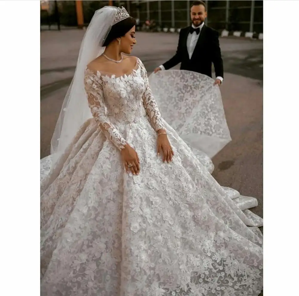 Vintage Lace Ball Gown Wedding Dresses Sheer Neck Off Shoulder Long Sleeve Bridal Gowns Puffy Skirt  Wedding vestidos de no