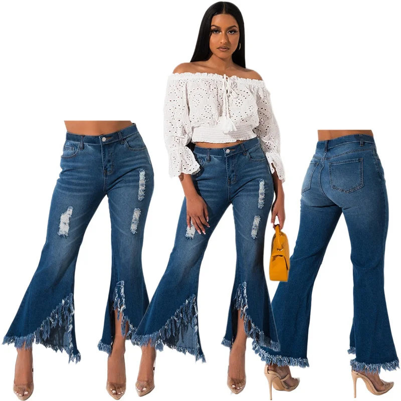 Fashion Hole Jeans Woman 2021 Skinny Denim Trousers Ripper Women Female Stretch Cotton Wide Leg Flare Pants Streetwear Plus Size