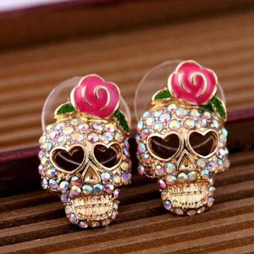 Nuevos pendientes de calavera con esqueleto de cristal y diamantes de imitación Vintage exagerados de Europa y América para mujer, joyería Punk para