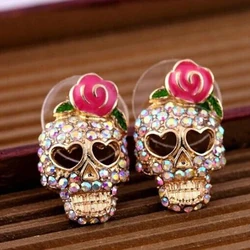 Nuevos pendientes de calavera con esqueleto de cristal y diamantes de imitación Vintage exagerados de Europa y América para mujer, joyería Punk para las orejas Brincs